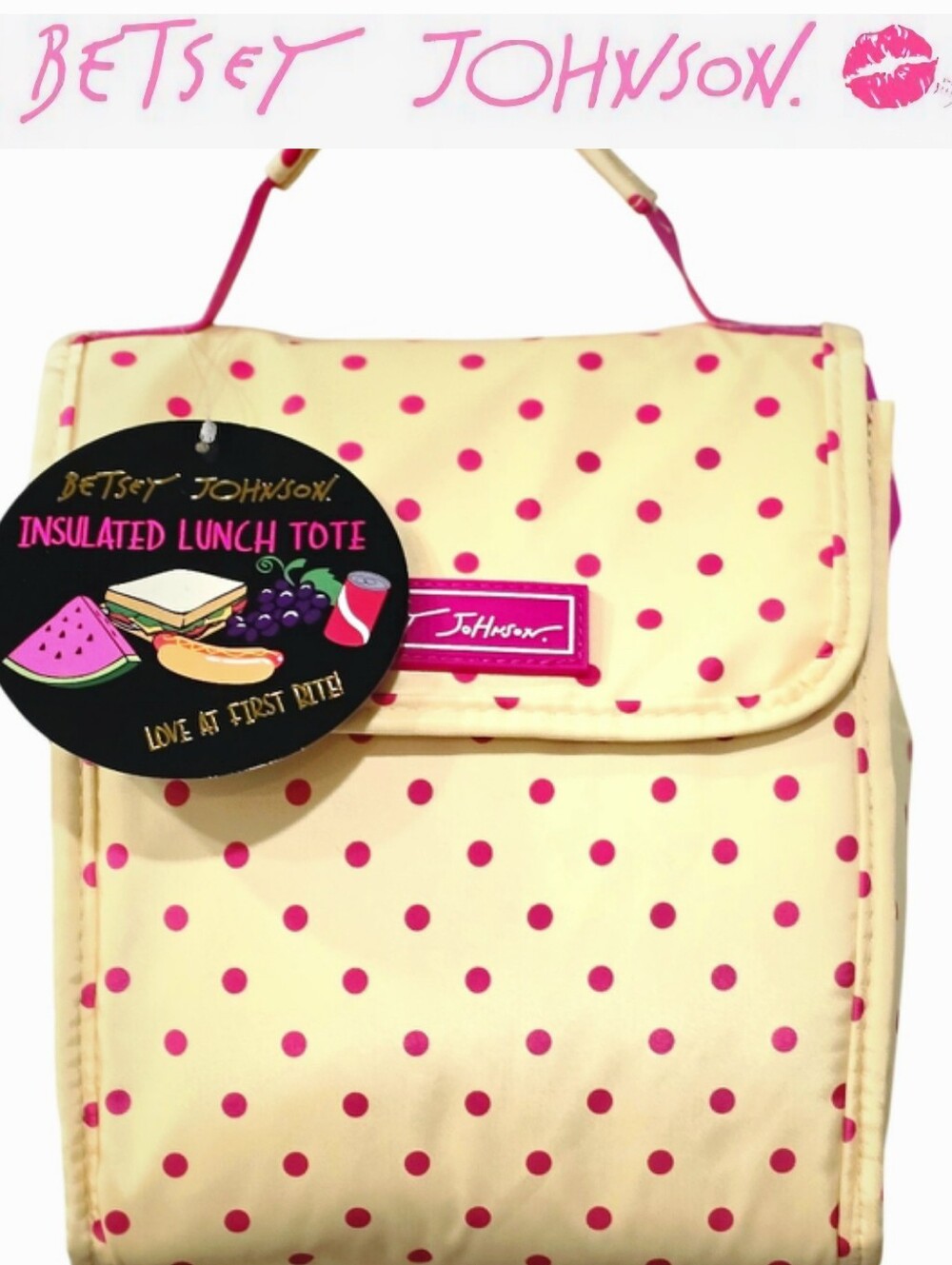 Betsey Johnson Polka Dot Flap Top Insulated Lunch Tote Bag- Yellow/Pink